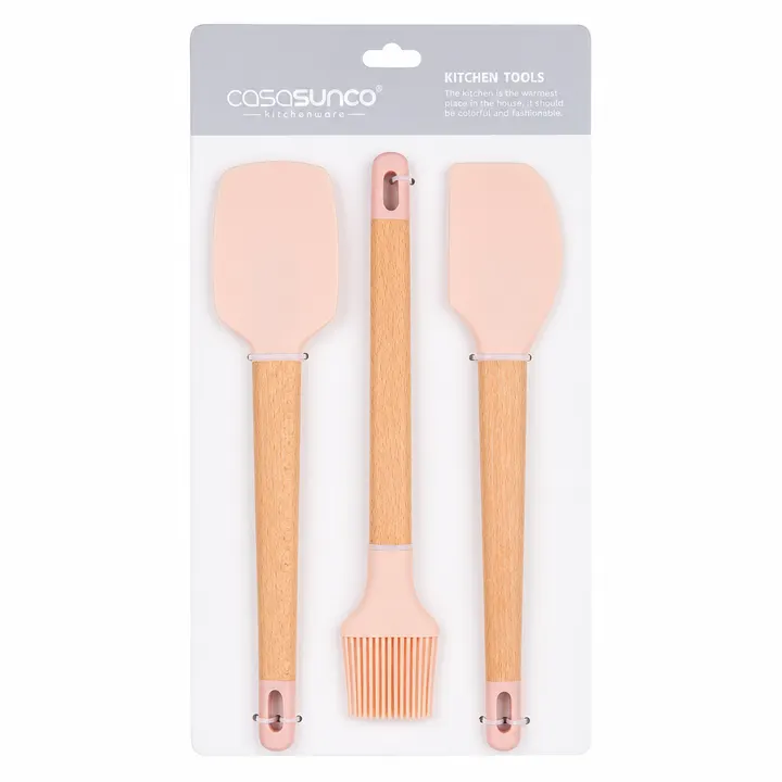 Premium 3-Piece Silicone & Wood Kitchen Utensil Set - Spatula, Scraper & Brush in Blush Pink & Wood, view 2