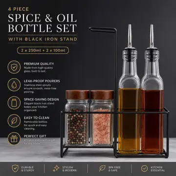 4-Piece Glass Oil & Spice Dispenser Set with Black Iron Stand in Clear Glass, view 2