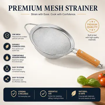 Premium Stainless Steel Fine Mesh Kitchen Strainer with Wooden Handle in Stainless Steel & Wood, view 2