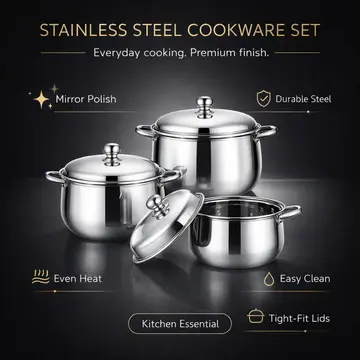 6-Piece Premium Stainless Steel Cookware Pot Set with Lids in Stainless Steel, view 2