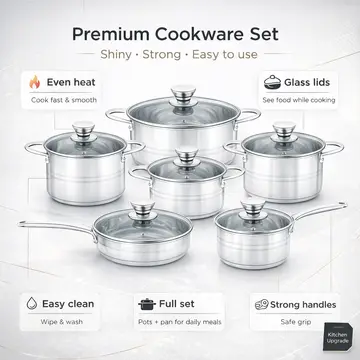 12-Piece Premium Stainless Steel Cookware Set with Glass Lids in Stainless Steel, view 2
