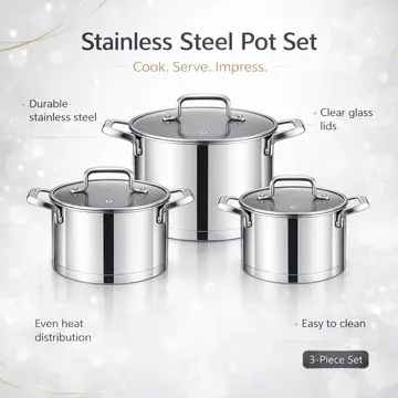 Premium 3-Piece Stainless Steel Casserole Pot Set with Amber Glass Lids in Stainless Steel, view 2