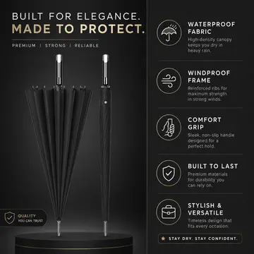 Premium 16-Rib Windproof Classic Black Stick Umbrella in Black, view 2