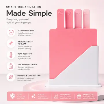 4-Piece Color-Coded Index Cutting Board Set with Storage Stand in Pink, view 2