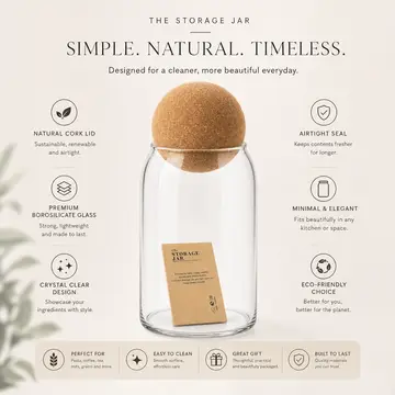 Premium Glass Storage Jar with Cork Ball Lid - Modern Kitchen Canister in Clear Glass & Cork, view 2