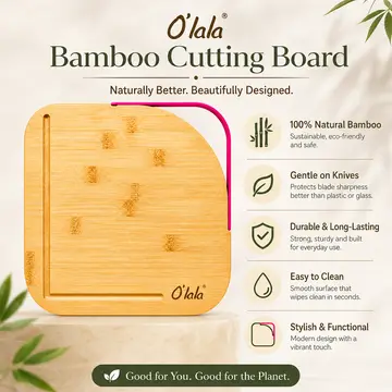O'lala Premium Bamboo Cutting Board with Juice Groove & Handle in Bamboo & Pink, view 2