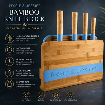 Premium Bamboo Knife Block Set with Cutting Board in Bamboo & Blue, view 2