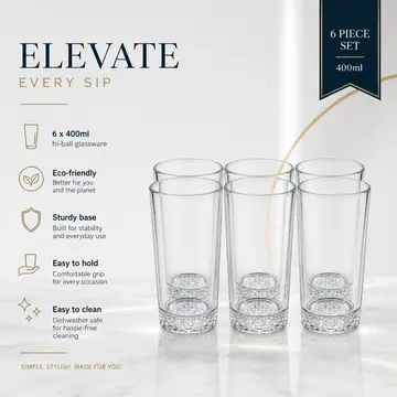Premium 6-Piece Highball Glassware Set - 400ml in Clear Glass, view 2