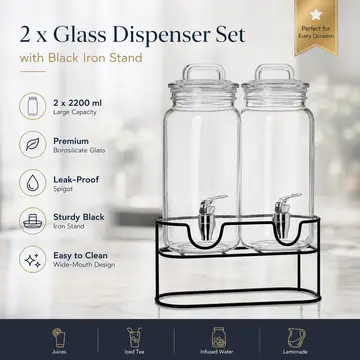 Double Glass Beverage Dispenser Set with Black Iron Stand - 2 x 2.2L in Clear Glass, view 2