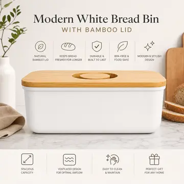 Modern White Bread Bin with Bamboo Lid in White & Bamboo, view 2