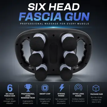 Professional 6-Head Deep Tissue Fascia Massage Gun in Black, view 2