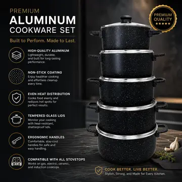 Premium Aluminum Non-Stick Cookware Set with Glass Lids in Black Granite, view 2