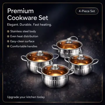 8-Piece Ribbed Stainless Steel Cookware Set with Gold Interior in Silver & Gold, view 2