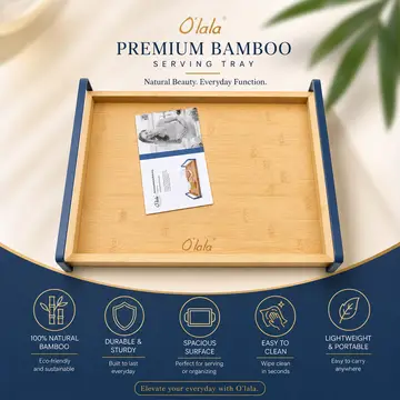 O'lala Premium Bamboo Serving Tray with Metal Handles in Bamboo & Navy, view 2