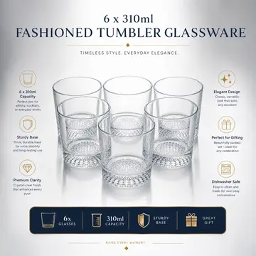 6-Piece Premium 310ml Old Fashioned Tumbler Glassware Set in Clear Glass, view 2