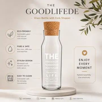 Minimalist Glass Water Carafe with Cork Lid - Inspirational Quote Pitcher in Clear Glass & Cork, view 2