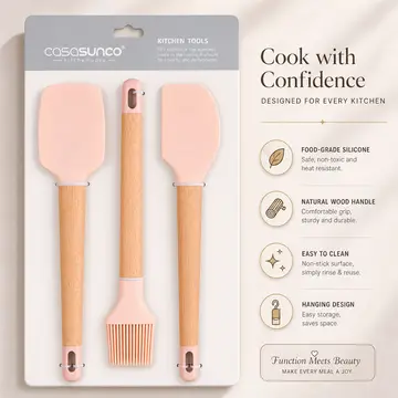Premium 3-Piece Silicone & Wood Kitchen Utensil Set - Spatula, Scraper & Brush in Blush Pink & Wood, view 2