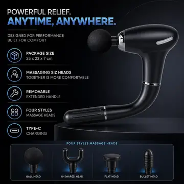 Deep Tissue Percussion Massage Gun with Removable Extended Handle in Black, view 2