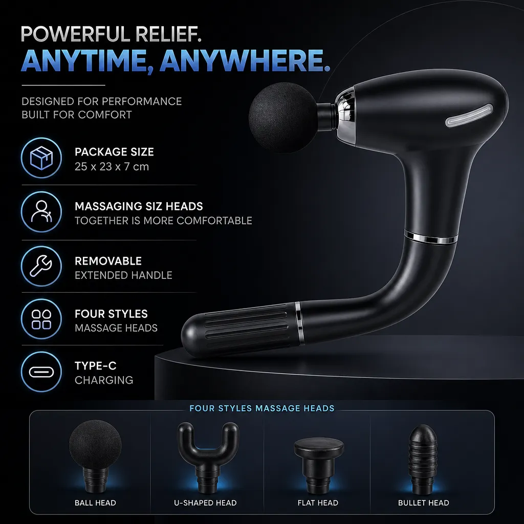 Deep Tissue Percussion Massage Gun with Removable Extended Handle in Black, view 2