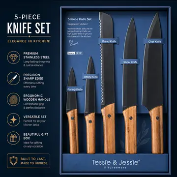 Premium 5-Piece Kitchen Knife Set with Bamboo Handles in Black & Bamboo, view 2