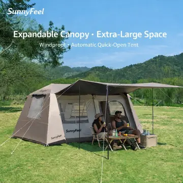 SunnyFeel 4-6 Person Automatic Camping Tent with Expandable Canopy in Khaki, view 2