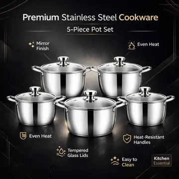 10-Piece Stainless Steel Belly Shape Cookware Pot Set with Glass Lids in Stainless Steel, view 2