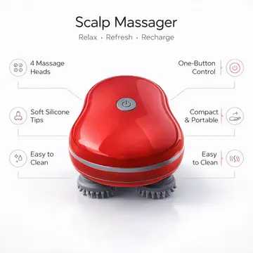 Electric Scalp & Head Massager for Deep Relaxation and Hair Care in Red, view 2