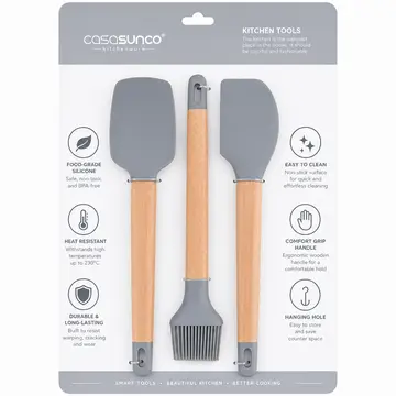 Premium 3-Piece Silicone & Wood Kitchen Utensil Set - Spatula, Scraper & Brush in Grey & Wood, view 2