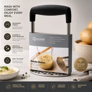 Heavy Duty Stainless Steel Potato Masher with Ergonomic Handle in Stainless Steel & Black, view 2
