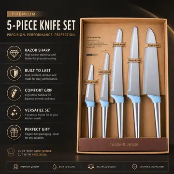 Premium 5-Piece Stainless Steel Kitchen Knife Set in Stainless Steel & Blue, view 2