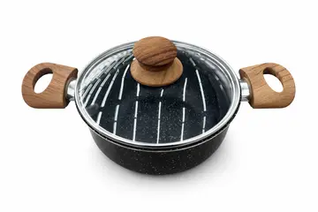 7-Piece White Granite Non-Stick Cookware Set with Wood-Effect Handles in Black Granite, view 2