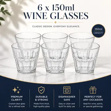 Classic 150ml Glass Tumblers - Set of 6 Wine & Beverage Glasses in Clear Glass, view 2