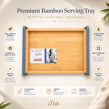 O'lala Design Premium Bamboo Serving Tray with Handles in Bamboo & Blue, view 2