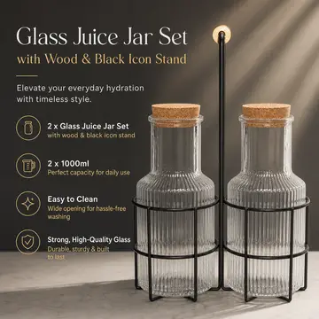 Premium 2-Piece 1000ml Glass Juice Jar Set with Black Iron Stand & Cork Lids in Clear Glass, view 2