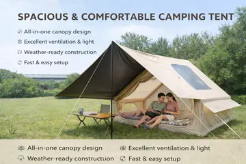 Premium Inflatable Glamping Tent with Integrated Canopy & Skylight in Beige, view 2