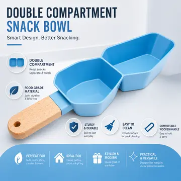 Double Compartment Snack Bowl with Wooden Handle in Blue & Wood, view 2