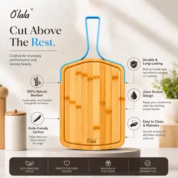 Premium O'lala Bamboo Cutting Board with Ergonomic Handle in Bamboo & Blue, view 2