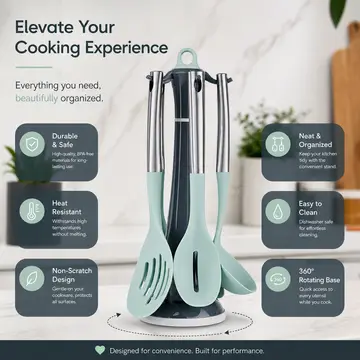 Premium Silicone Kitchen Utensil Set with Stainless Steel Handles & Carousel Stand in Mint & Charcoal, view 2