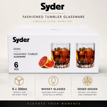 Syder 6-Piece Premium Whisky Glass Set - 300ml Edged Fashioned Tumblers in Clear Glass, view 2