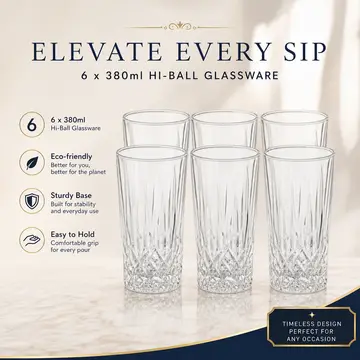 6-Piece Premium 380ml Highball Glassware Set in Clear Glass, view 2