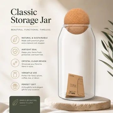 O'lala Classic Glass Storage Jar with Round Cork Lid - Pasta & Pantry Container in Clear Glass & Cork, view 2