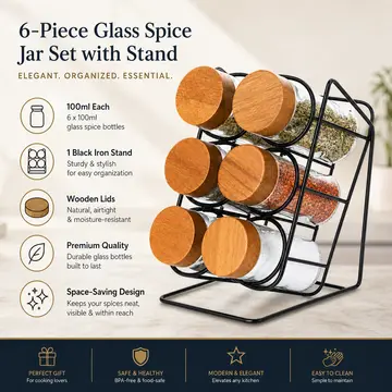 7-Piece Glass Spice Bottle Set with Wooden Lids & Black Iron Stand in Clear Glass, view 2