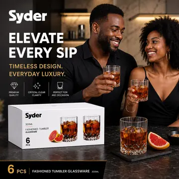 Syder 6-Piece Premium Whisky Glass Set - 300ml Edged Fashioned Tumblers in Clear Glass, view 3