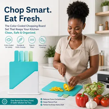 4-Piece Color-Coded Index Cutting Board Set with Storage Stand in Green, view 3