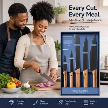 Premium 5-Piece Kitchen Knife Set with Bamboo Handles in Black & Bamboo, view 3