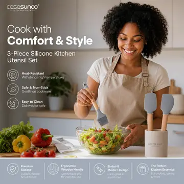 Premium 3-Piece Silicone & Wood Kitchen Utensil Set - Spatula, Scraper & Brush in Grey & Wood, view 3