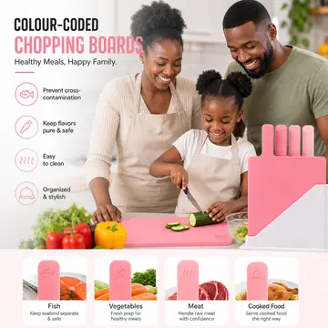 4-Piece Color-Coded Index Cutting Board Set with Storage Stand in Pink, view 3