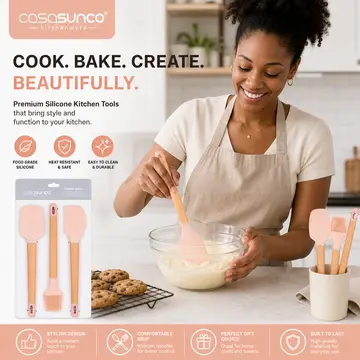 Premium 3-Piece Silicone & Wood Kitchen Utensil Set - Spatula, Scraper & Brush in Blush Pink & Wood, view 3
