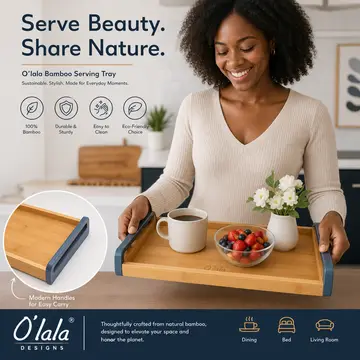 O'lala Design Premium Bamboo Serving Tray with Handles in Bamboo & Blue, view 3