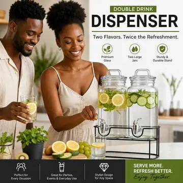 Double Glass Beverage Dispenser Set with Black Iron Stand - 2 x 2.2L in Clear Glass, view 3